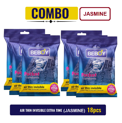 Picture of Beboy Extra Time Air Thin Invisible Condom (Jasmine Flavour) Pouch Pack (Combo) 3x6 - 18Pcs (India)