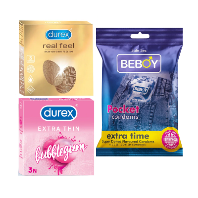 Picture of Durex SafetyNet Combo = 9Pcs Condom + Durex Real Feel 3s + Durex BubbleGum 3s + Beboy Extra Time 3s Condom