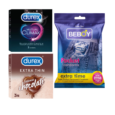 Picture of Durex GuardGate Combo = 9Pcs Condom + Durex Mutual Climax 3s + Durex Chocolate 3s + Beboy Extra Time 3s Condom