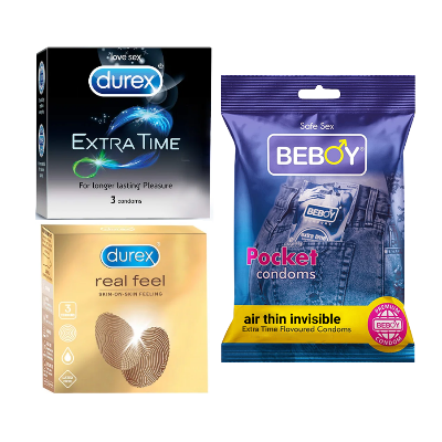 Picture of Durex SafeSkins Combo = 9Pcs Condom + Durex Extra Time 3s + Durex Real Feel 3s + Beboy Air Thin Invisible 3s Condom