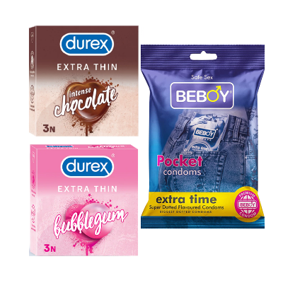 Picture of Durex VenusGuard Combo = 9Pcs Condom + Durex Chocolate 3s + Durex BubbleGum 3s + Beboy Extra Time 3s Condom