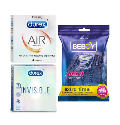Picture of Durex Avant Combo = 9Pcs Condom + Durex Invisible 3s + Durex Air 3s + Beboy Extra Time 3s Condom