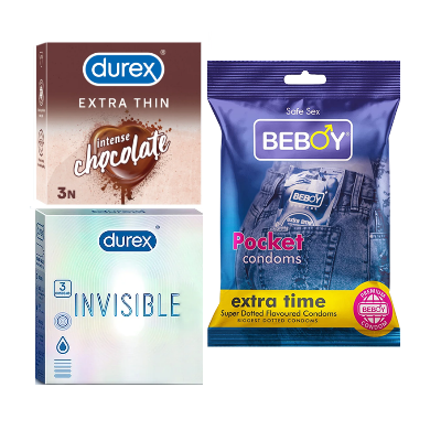 Picture of Durex ChocoGuard Combo = 9Pcs Condom + Durex Invisible 3s + Durex Chocolate 3s + Beboy Extra Time 3s Condom