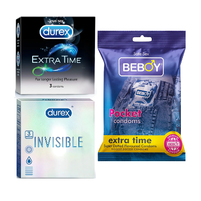 Picture of Durex Preventix Combo = 9Pcs Condom + Durex Invisible 3s + Durex Extra Time 3s + Beboy Extra Time 3s Condom