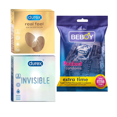 Picture of Durex ProtectPlus Combo = 9Pcs Condom + Durex Invisible 3s + Durex Real Feel 3s + Beboy Extra Time 3s Condom
