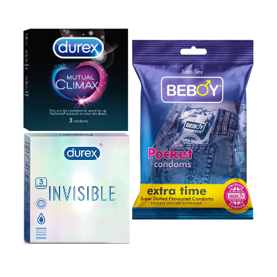 Picture of Durex SafeSuite Combo = 9Pcs Condom + Durex Mutual Climax 3s + Durex Invisible 3s + Beboy Extra Time 3s Condom