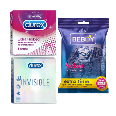 Picture of Durex Sensuality Combo = 9pcs Condom + Durex Invisible 3s + Durex Extra Ribbed 3s + Beboy Extra Time 3s Condom