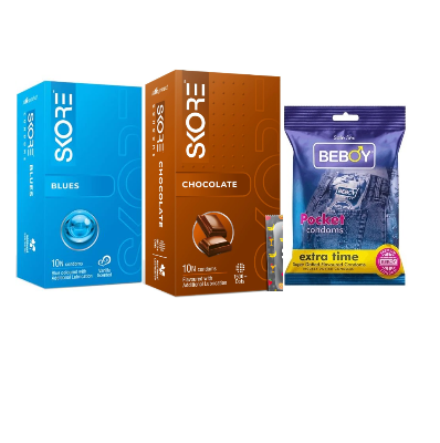 Picture of Skore BlueLove Combo = 23Pcs Condom - Skore Blues 10s + Skore Chocolate 10s + Beboy Extra Time 3s