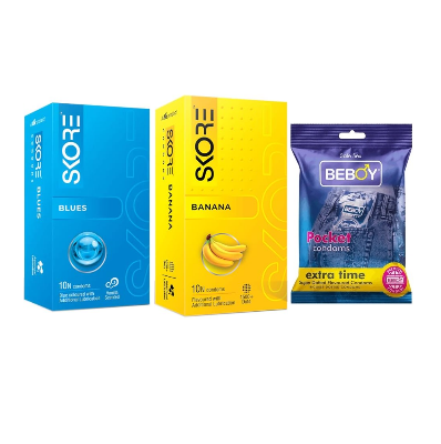 Picture of Skore Blues Combo = 23Pcs Condom - Skore Blue 10s + Skore Banana 1500+ Dotted 10s + Beboy Extra Time 3s