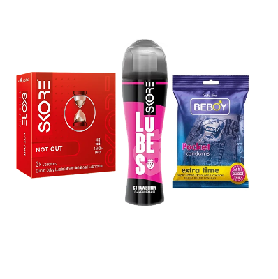 Picture of Skore Climax Combo = 6Pcs Condom + Skore Strawberry Lube Gel 60ml + Skore Not Out 3s + Beboy Extra Time 3s