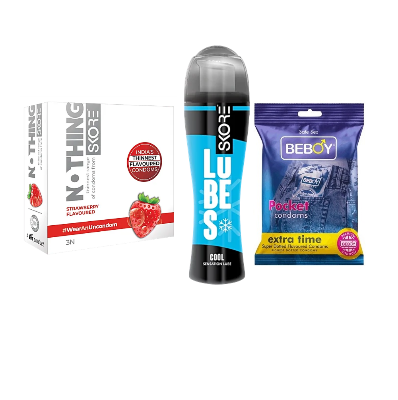 Picture of Skore Cool Combo = 6Pcs Condom + Skore Cool Lube Gel 60ml + Skore Nothing Strawberry 3s + Beboy Extra Time 3s