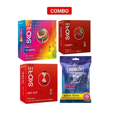 Picture of Skore Adventure Mini Combo = 12Pcs Condom + Skore Not Out 3s + Skore Shades 3s + Cherry 3s + Beboy Air Invisible Condom 3s