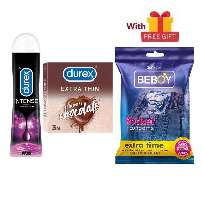 Picture of Durex IntenseMeet Combo = 3Pcs Condom + Durex Intense Lube Gel 50ml + Durex Extra Thin Chocolate 3s + With Free Gift Beboy Condom 3s