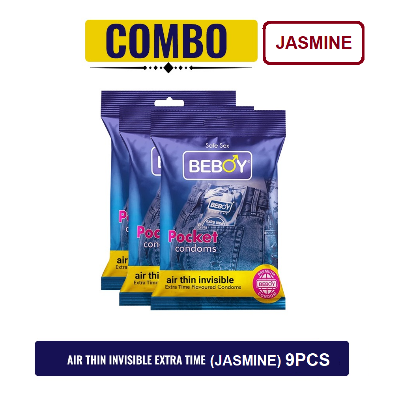 Picture of Beboy Extra Time Air Thin Invisible Condom (Jasmine Flavour) Pouch Pack (Combo) 3x3 - 9Pcs (India)