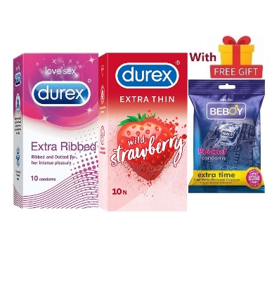 Picture of Durex SensiGuard Combo = 23Pcs Condom + Durex Extra Ribbed 10s + Durex Extra Thin Strawberry 10s + Beboy Extra Time Paan 3s + Free Gift