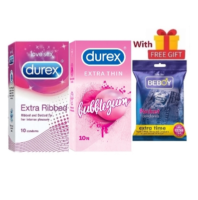 Picture of Durex ElitePro Combo = 23Pcs Condom + Durex Extra Ribbed 10s + Extra Thin Bubblegum 10s + Beboy Extra Time Paan 3s + Free Gift
