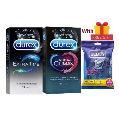 Picture of Durex Inverted Combo = 23Pcs Condom + Durex Mutual Climax 10s + Durex Extra Time 10s + Beboy Extra Time Paan 3s + Free Gift