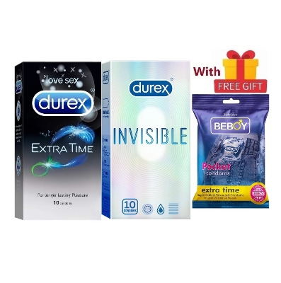 Picture of Durex Froggie Combo = 23Pcs Condom + Durex Invisible 10s + Durex Extra Time 10s + Beboy Extra Time Paan 3s + Free Gift