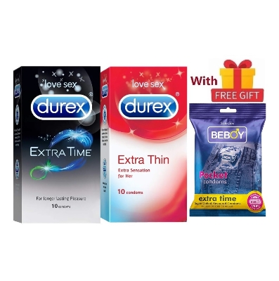 Picture of Durex Horse Power Combo = 23Pcs Condom + Durex Extra Time 10s + Durex Extra Thin 10s + Beboy Extra Time Dotted Paan 3s + Free Gift