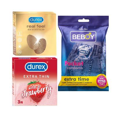 Picture of Durex DefendDuo Combo = 9Pcs Condom + Durex Real Feel 3s + Durex Strawberry 3s + Beboy Extra Time 3s Condom