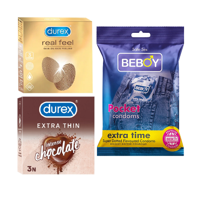 Picture of Durex Pleasure Partner Combo = 9Pcs Condom + Durex Real Feel 3s + Durex Chocolate 3s + Beboy Extra Time 3s Condom