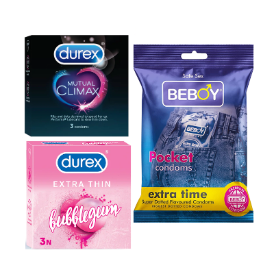 Picture of Durex BareSafe Combo = 9Pcs Condom + Durex Mutual Climax 3s + Durex BubbleGum 3s + Beboy Extra Time 3s Condom