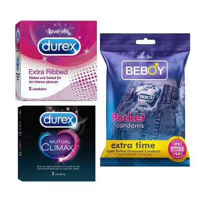 Picture of Durex FortifyShield Combo = 9Pcs Condom + Durex Extra Ribbed 3s + Durex Mutual Climax 3s + Beboy Extra Time 3s Condom