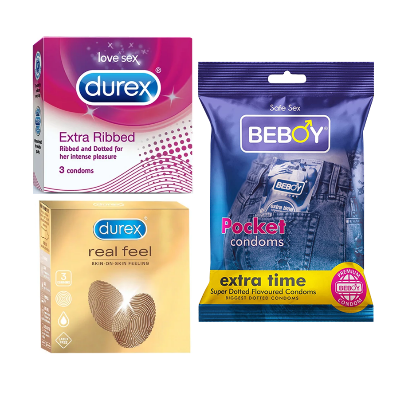 Picture of Durex SafeTrek Combo = 9Pcs Condom + Durex Extra Ribbed 3s + Durex Real Feel 3s + Beboy Extra Time 3s Condom