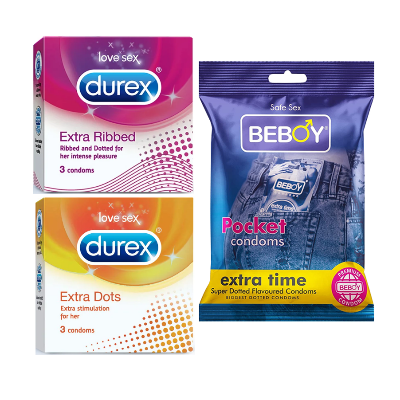 Picture of Durex PureJoy Combo = 9Pcs Condom + Durex Extra Ribbed 3s + Durex Extra Dots 3s + Beboy Extra Time 3s Condom