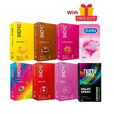 Picture of Skore Premium Multi Variety Condom Combo 7x10 = 70Pcs + Nottyboy Delay Spray + Durex BubbleGum 10s + Skore Banana,Chocolate ,Strawberry,Shades,Notout,Dots 60pcs + With Free Gift