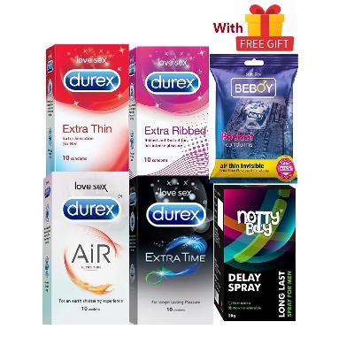 Picture of Durex Delay Combo = 43Pcs Condom + Nottyboy Delay Spray + Durex Extra Time 10s + Ribbed 10s + Extra Thin 10s + Air 10s + Beboy Extra Time 3s + With Free Gift
