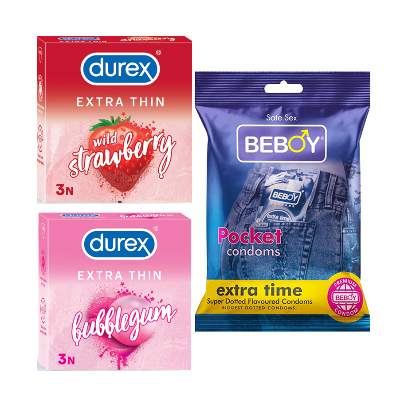 Picture of Durex Oasis Combo = 9Pcs Condom + Durex Strawberry 3s + Durex BubbleGum 3s + Beboy Extra Time 3s Condom