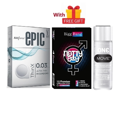 Picture of Manforce Shake Up Combo = 13Pcs Condom + Manforce Epic Thinx 003mm 3s + NottyBoy BiggBang 4in1 Ribbed, Climax Delay, Dots & Contour 10s + One Move Deluxe Lubricant Lube Gel 60ml + Free Gift