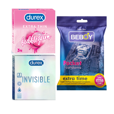 Picture of Durex Bubble Combo = 9Pcs Condom + Durex Invisible 3s + Durex Bubblegum 3s + Beboy Extra Time 3s Condom