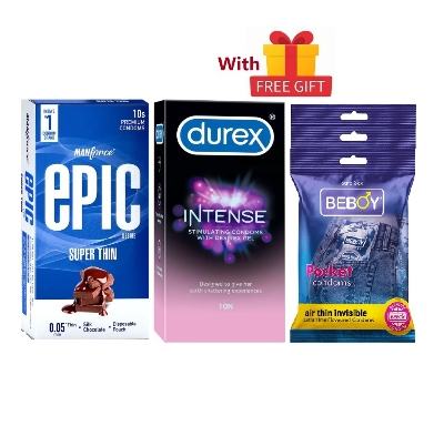 Picture of Manforce LifeGuard Condom Combo = 29Pcs + Manforce Epic Super Thin 10s + Durex Intense 10s + Beboy Air Thin Invisible Mango 9s + Free Gift