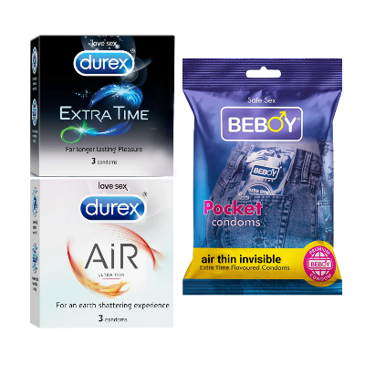 Picture of Durex GuardCare Combo = 9Pcs Condom + Durex Extra Time 3s + Durex Air 3s + Beboy Air Thin Invisible 3s Condom