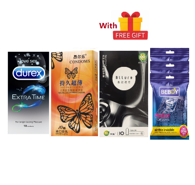 Picture of Durex Long Lasting Combo = 39Pcs Condom + Durex Extra Time 10s + Butterfly Long Last 10s + Allure Ultra Thin 10s + Beboy Air Thin Invisible Mango 9s + Free Gift