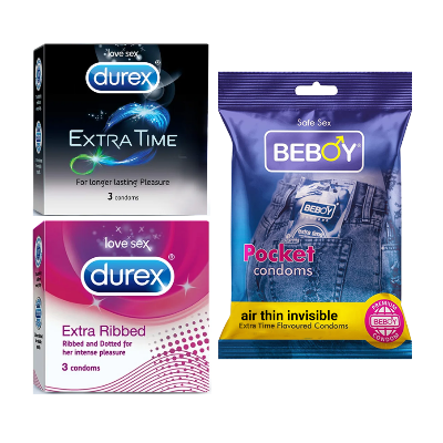 Picture of Durex LoveDefender Combo = 9Pcs Condom + Durex Extra Time 3s + Durex Extra Ribbed 3s + Beboy Air Thin Invisible 3s Condom