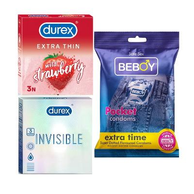 Picture of Durex LoveSeal Combo = 9Pcs Condom + Durex Invisible 3s + Durex Strawberry 3s + Beboy Extra Time 3s Condom