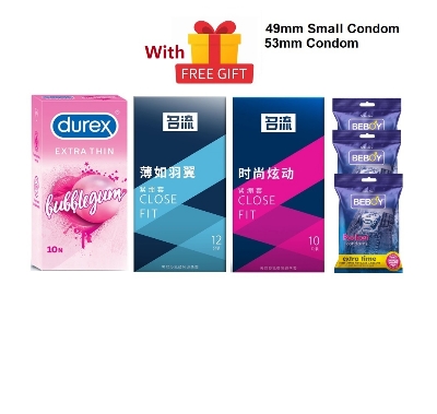 Picture of Durex Small Condom Combo = 41Pcs + Durex BubbleGum 10s + Celebrity Close Fit Small 12s + Celebrity Close Fit 49mm Dot 10s + Beboy Extra Dotted Paan 9s + Free Gift