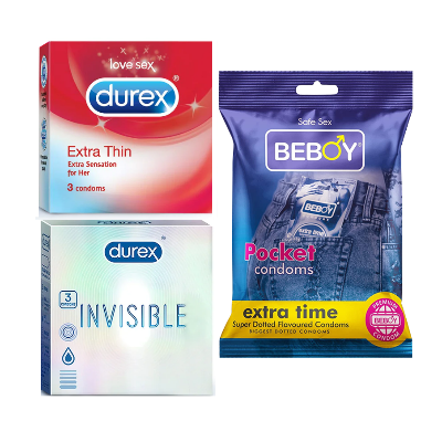 Picture of Durex Passion Combo = 9Pcs Condom + Durex Invisible 3s + Durex Extra Thin 3s + Beboy Extra Time 3s Condom