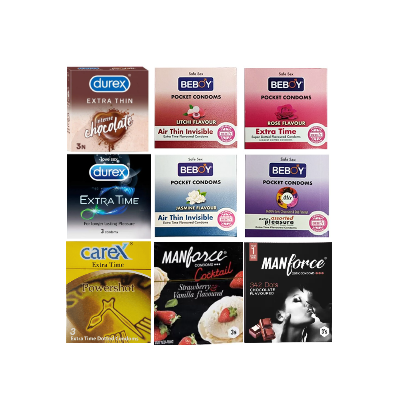 Picture of Durex Assorted Combo 3x9 = 27Pcs Condom - Durex Extra Time 3s + Chocolate 3s + Manforce Cocktail 3s + Chocolate 3s + Carex Powershot 3s + Beboy Litchi 3s, Rose 3s,Jasmine 3s, Mixed 3s