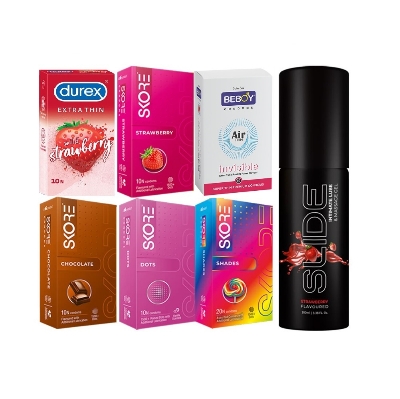 Picture of Durex Delicious Combo 6x10 = 60Pcs Condom + Durex Strawberry 10s + Skore Dots 10s, Strawberry 10s, Chocolate 10s, Shades 10s + Beboy Air 10s + Nottyboy Strawberry Lube Gel 100ml