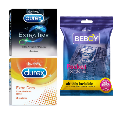 Picture of Durex SafeTouch Combo = 9Pcs Condom + Durex Extra Time 3s + Durex Extra Dots 3s + Beboy Air Thin Invisible 3s Condom