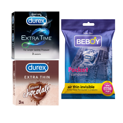 Picture of Durex ShieldBond Combo = 9Pcs + Durex Extra Time 3s + Durex Chocolate 3s + Beboy Air Thin Invisible 3s Condom