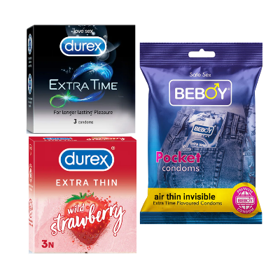 Picture of Durex UltraSafe Combo = 9Pcs Condom + Durex Extra Time 3s + Durex Strawberry 3s + Beboy Air Thin Invisible 3s Condom