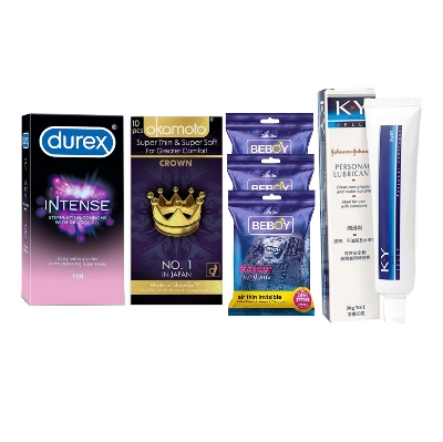 Picture of Durex Pleasure King Combo = 29Pcs Condom + Ky Jelly Lubricant 50gm + Durex Intense 10s + Okamoto Crown 10s + Beboy Air Invisible Mango 9s
