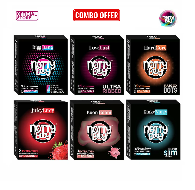 Picture of NottyBoy Condom Mini Combo Pack 3x6 = 18Pcs - BigBang 4in1 3s + Ultra Ribbed 3s + Raised Dots 3s + Strawberry 3s + Bubblegum 3s + Super Slim 3s Condom