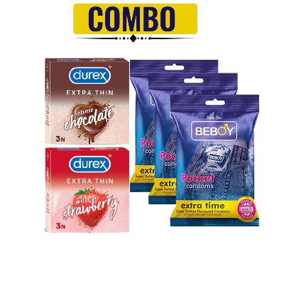 Picture of Durex Mini love Combo 3x5 = 15Pcs Condom - Durex Extra Thin Strawberry 3s + Durex Chocolate 3s + Beboy Paan 9s