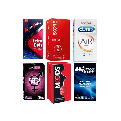 Picture of Durex Adventure Combo Condom = 62Pcs - Durex Air 10s + Manforce Game 10s + Skore Not Out 10s + Nottyboy 3in1 + Kamasutra Extra Dots 10s + Moods Strawberry 12s